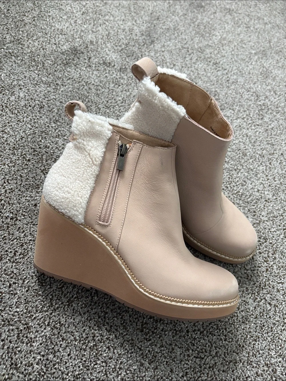 Toms Beige Wedge Ankle Boots with Furry Collar